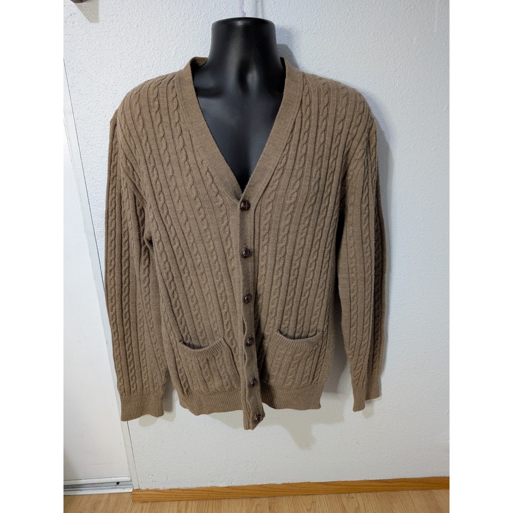 Vintage Lord Jeff Cable Knit Cardigan USA Made Brown Wool Blend Ivy‎ Prep M